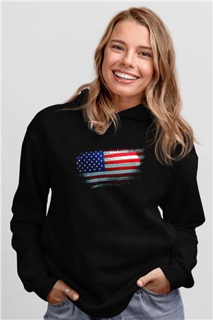 Amerika - Usa - America Bayrağı Baskılı Unisex Siyah Hoodie