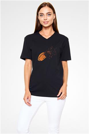Amerikan Futbolu - American Football Baskılı Unisex Siyah V Yaka Tişört