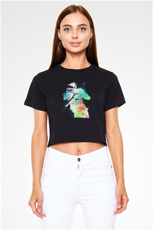 Amerikan Futbolu - American Football Baskılı Crop Top Siyah Kadın Tişört - Tshirt