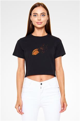 Amerikan Futbolu - American Football Baskılı Crop Top Siyah Kadın Tişört - Tshirt