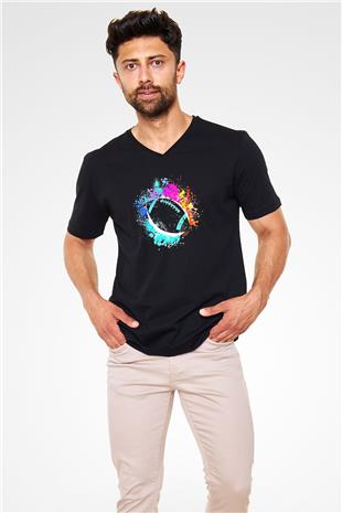Amerikan Futbolu - American Football Baskılı Unisex Siyah V Yaka Tişört