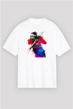 Amerikan Futbolu Baskılı Unisex Beyaz Oversize Tişört - Tshirt