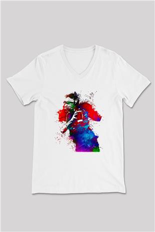 Amerikan Futbolu Baskılı Unisex V Yaka Tişört - Tshirt