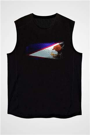 Amerikan Samoası - American Samoa Bayrağı Baskılı Unisex Siyah Kolsuz Tişört