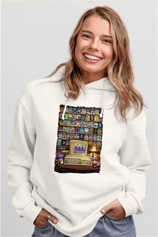 Amiga 500 Baskılı Beyaz Unisex Kapüşonlu Sweatshirt