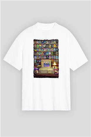 Amiga 500 Baskılı Beyaz Unisex Oversize Tişört - Tshirt