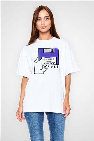 Amiga 500 Baskılı Beyaz Unisex Oversize Tişört - Tshirt