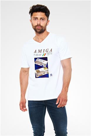 Amiga 500 Baskılı Beyaz Unisex V Yaka Tişört - Tshirt