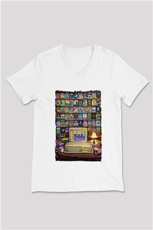 Amiga 500 Baskılı Beyaz Unisex V Yaka Tişört - Tshirt