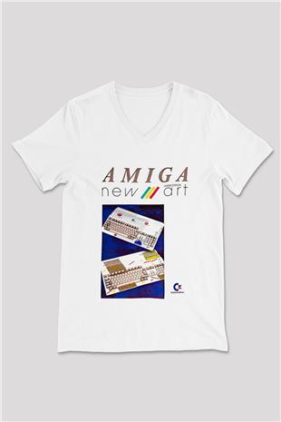 Amiga 500 Baskılı Beyaz Unisex V Yaka Tişört - Tshirt