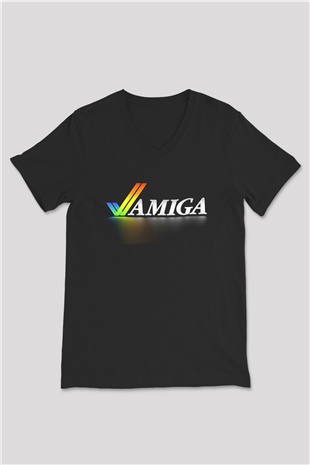 Amiga 500 Baskılı Unisex Siyah V Yaka Tişört - Tshirt