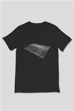 Amiga 500 Baskılı Unisex Siyah V Yaka Tişört - Tshirt