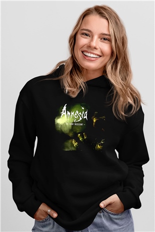 Amnesia Baskılı Unisex Siyah Kapüşonlu Sweatshirt