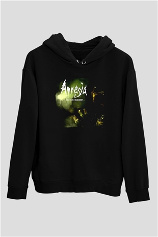 Amnesia Baskılı Unisex Siyah Kapüşonlu Sweatshirt