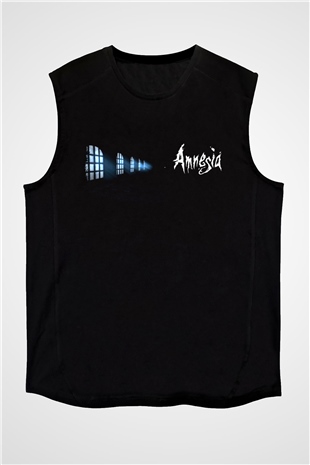 Amnesia Baskılı Unisex Siyah Kolsuz Tişört - Tshirt
