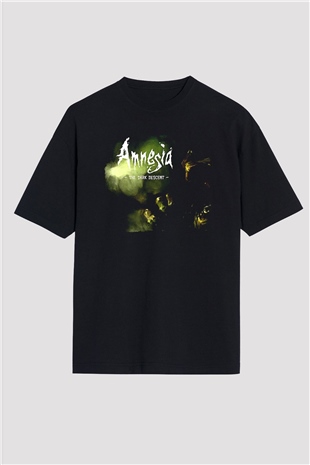 Amnesia Baskılı Unisex Siyah Oversize Tişört - Tshirt