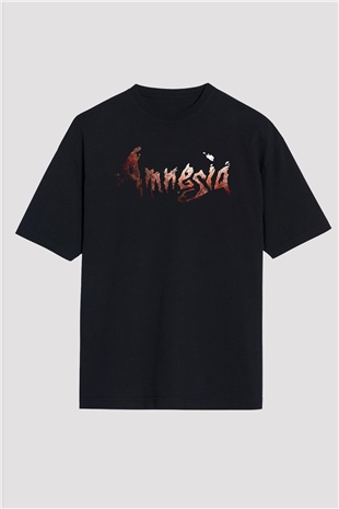 Amnesia Baskılı Unisex Siyah Oversize Tişört - Tshirt