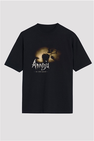 Amnesia Baskılı Unisex Siyah Oversize Tişört - Tshirt