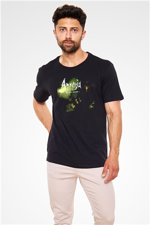 Amnesia Baskılı Unisex Siyah Tişört - Tshirt