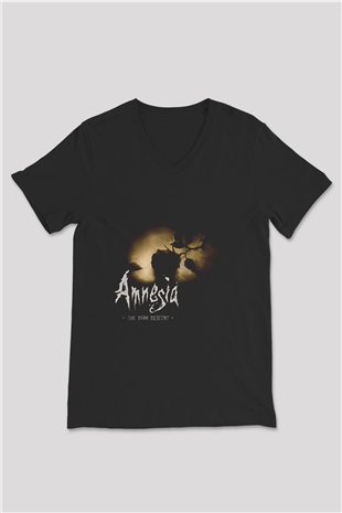 Amnesia Baskılı Unisex Siyah V Yaka Tişört - Tshirt