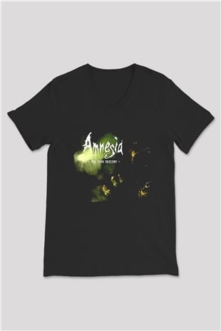 Amnesia Baskılı Unisex Siyah V Yaka Tişört - Tshirt