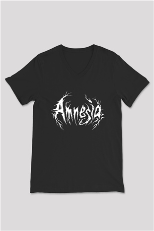 Amnesia Baskılı Unisex Siyah V Yaka Tişört - Tshirt