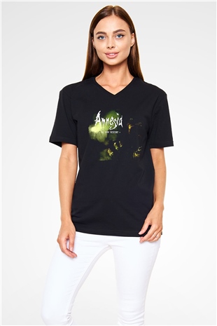 Amnesia Baskılı Unisex Siyah V Yaka Tişört - Tshirt