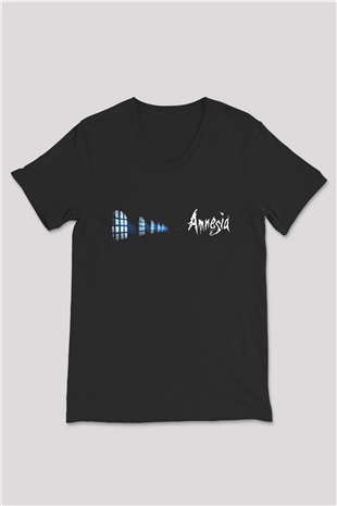 Amnesia Baskılı Unisex Siyah V Yaka Tişört - Tshirt