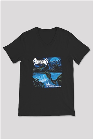 Amorphis Baskılı Unisex Siyah V Yaka Tişört