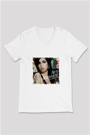 Amy Winehouse Baskılı Beyaz V Yaka Unisex Tişört