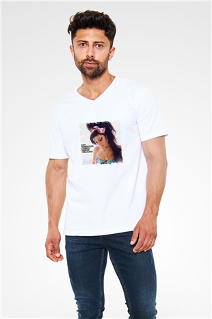 Amy Winehouse Baskılı Beyaz V Yaka Unisex Tişört