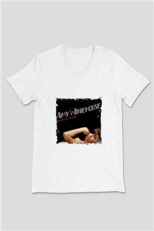 Amy Winehouse Baskılı Beyaz V Yaka Unisex Tişört