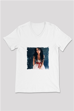 Amy Winehouse Baskılı Beyaz V Yaka Unisex Tişört
