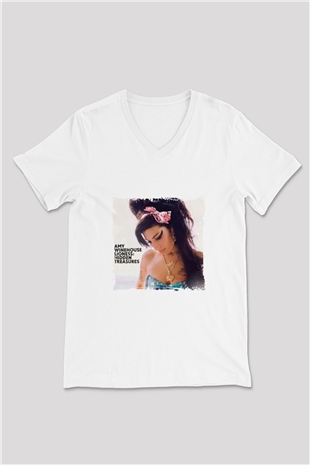 Amy Winehouse Baskılı Beyaz V Yaka Unisex Tişört