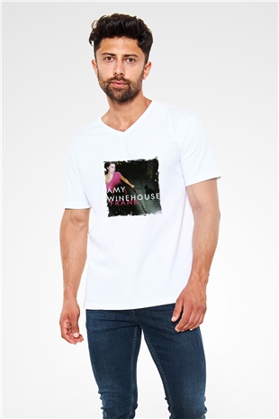 Amy Winehouse Baskılı Beyaz V Yaka Unisex Tişört