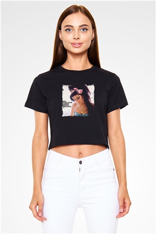 Amy Winehouse Baskılı Crop Top Siyah Kadın Tişört