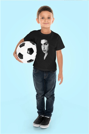 Amy Winehouse Baskılı Siyah Unisex Çocuk Tişört