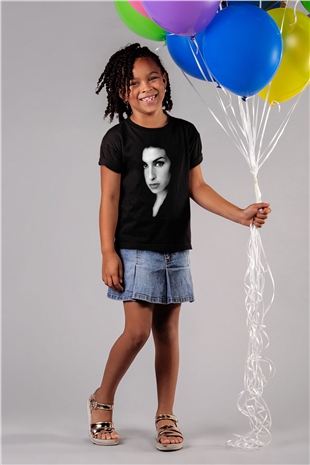 Amy Winehouse Baskılı Siyah Unisex Çocuk Tişört