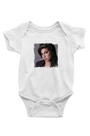 Amy Winehouse Baskılı Unisex Beyaz Bebek Body - Zıbın