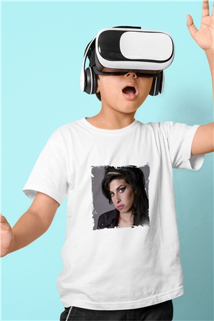 Amy Winehouse Baskılı Unisex Beyaz Çocuk Tişört