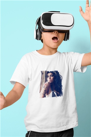Amy Winehouse Baskılı Unisex Beyaz Çocuk Tişört