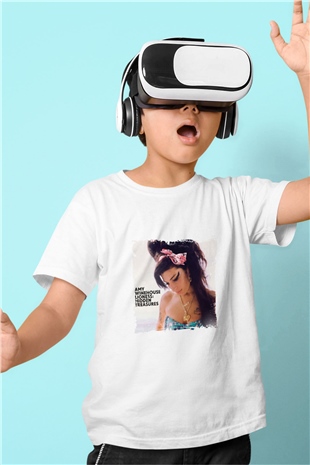 Amy Winehouse Baskılı Unisex Beyaz Çocuk Tişört