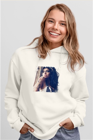 Amy Winehouse Baskılı Unisex Beyaz Kapüşonlu Sweatshirt