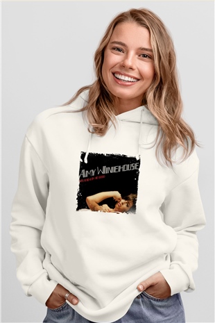 Amy Winehouse Baskılı Unisex Beyaz Kapüşonlu Sweatshirt
