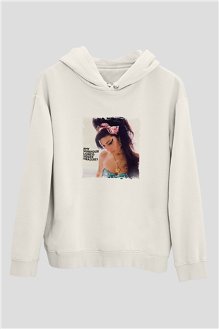 Amy Winehouse Baskılı Unisex Beyaz Kapüşonlu Sweatshirt