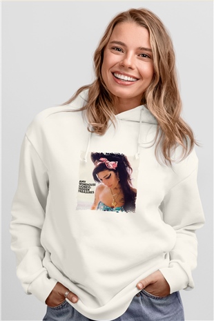 Amy Winehouse Baskılı Unisex Beyaz Kapüşonlu Sweatshirt