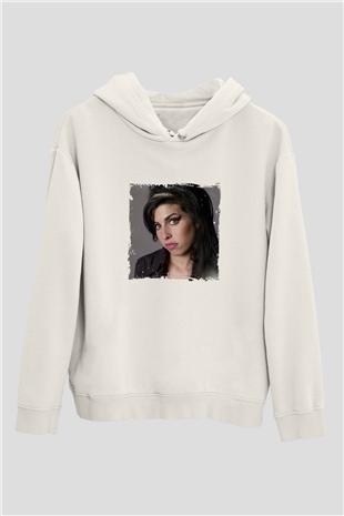Amy Winehouse Baskılı Unisex Beyaz Kapüşonlu Sweatshirt