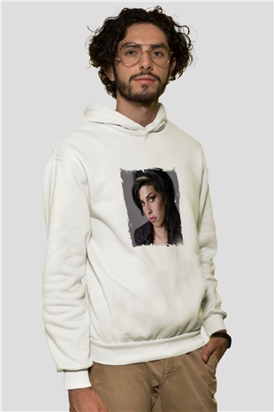 Amy Winehouse Baskılı Unisex Beyaz Kapüşonlu Sweatshirt
