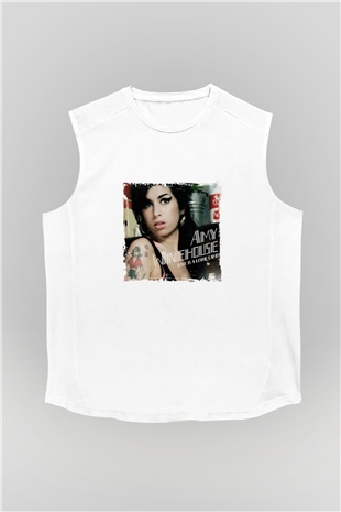 Amy Winehouse Baskılı Unisex Beyaz Kolsuz Tişört