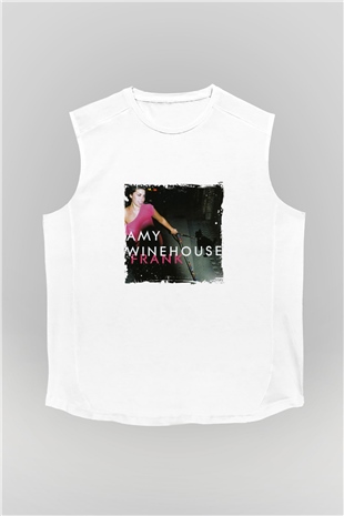 Amy Winehouse Baskılı Unisex Beyaz Kolsuz Tişört